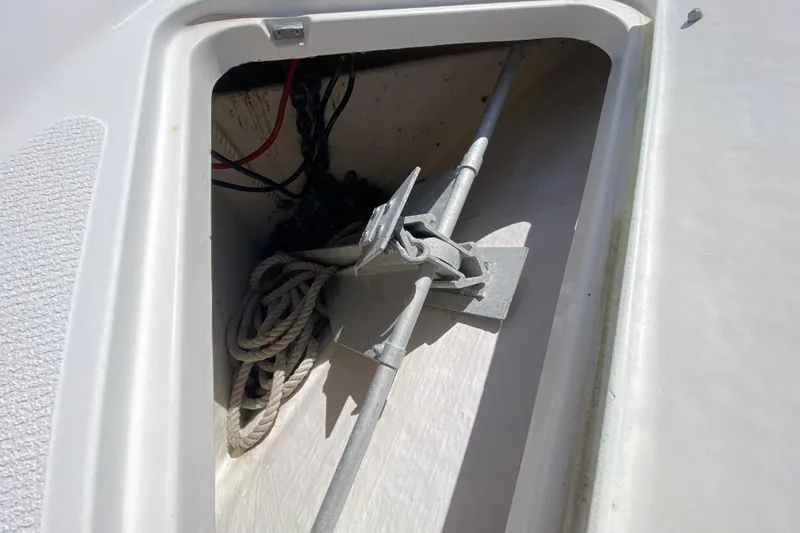 Island Time Yacht Photos Pics Anchor and rope storage in 2000 Riviera 4000 boat compartment.