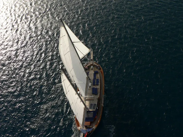 Trİppİn Yacht Photos Pics Aerial view of a 2006 Custom Wooden Ketch Tirhandil 20M sailing on open water.