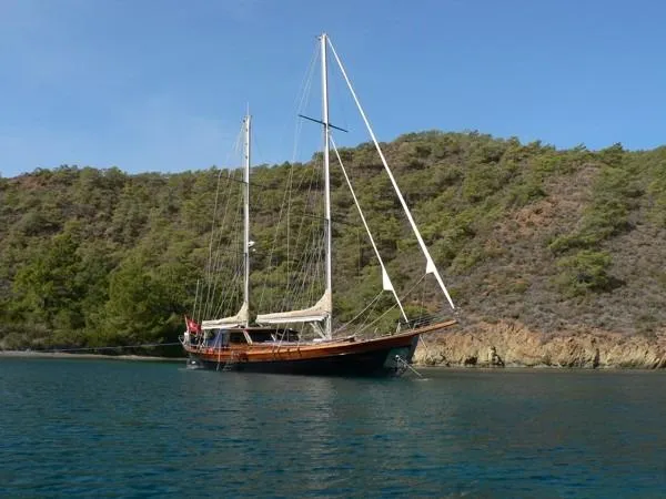Trİppİn Yacht Photos Pics Wooden Ketch Tirhandil 20M sailing near a forested coastline, 2006 model.