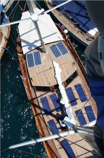 Trİppİn Yacht Photos Pics Aerial view of 2006 Custom Wooden Ketch Tirhandil 20M with solar panels and deck seating.