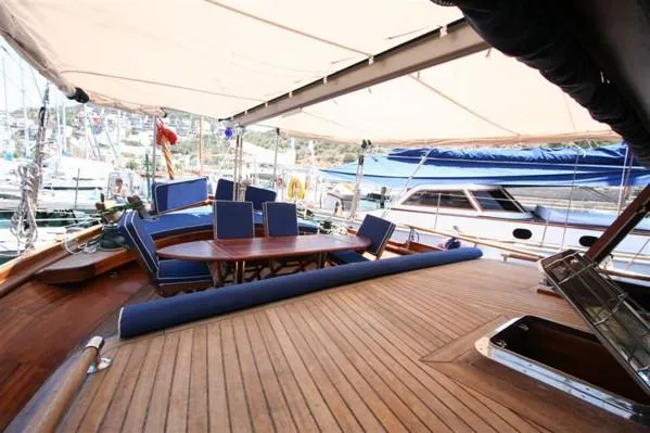 Trİppİn Yacht Photos Pics Spacious deck of 2006 Wooden Ketch Tirhandil 20M with seating and canopy.