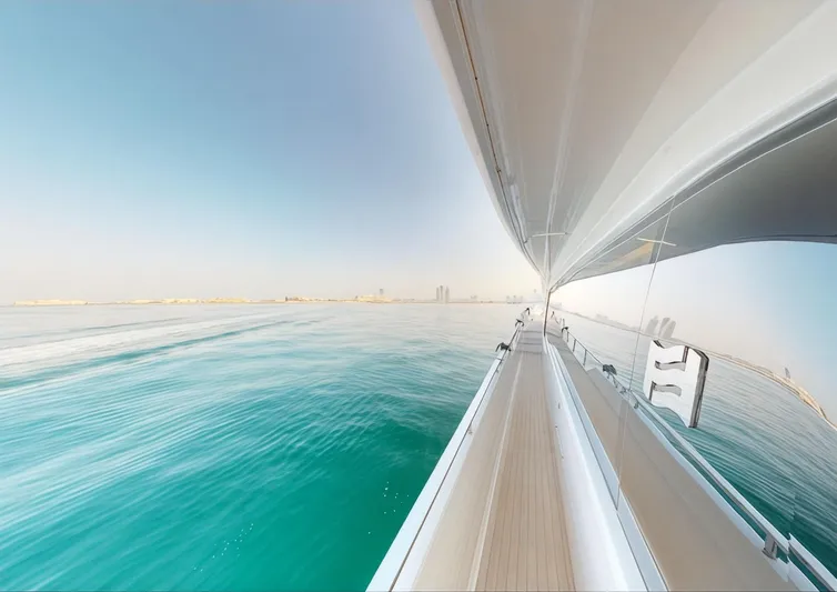  Yacht Photos Pics Ferretti Yachts 780 cruising on clear blue waters, 2019 model.