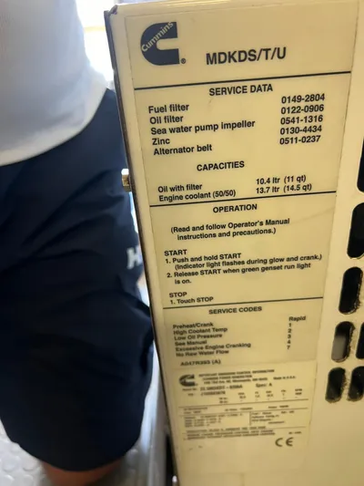 Dubai Yacht Photos Pics Close-up of Cummins MDKDS/T/U service data panel on a 2003 Maiora 24 S yacht.