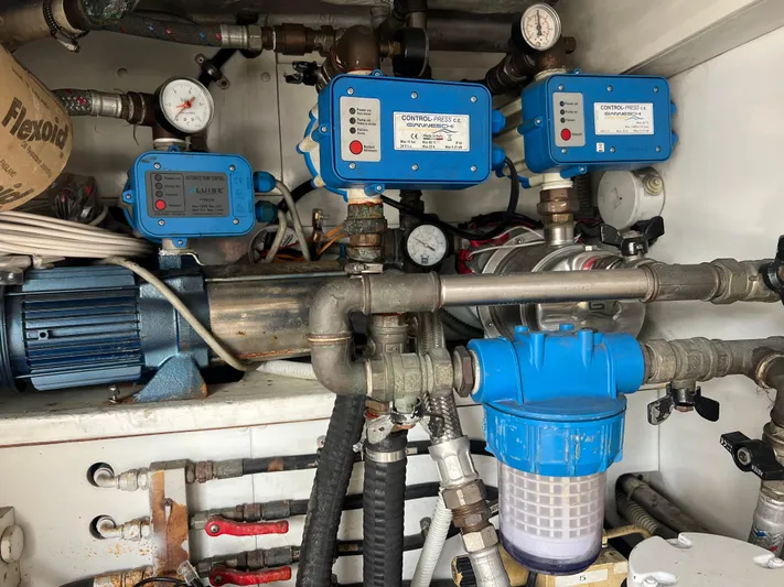 Dubai Yacht Photos Pics Engine room of a 2003 Maiora 24 S yacht with machinery and gauges.