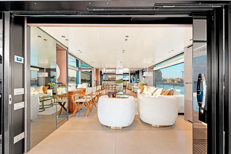 North Yacht Photos Pics Luxurious interior of 2020 Sanlorenzo SX88 yacht with elegant seating and panoramic windows.