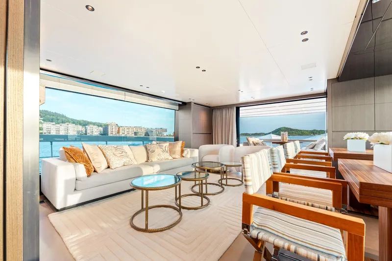 North Yacht Photos Pics Luxurious interior of 2020 Sanlorenzo SX88 yacht with elegant seating and scenic ocean views.