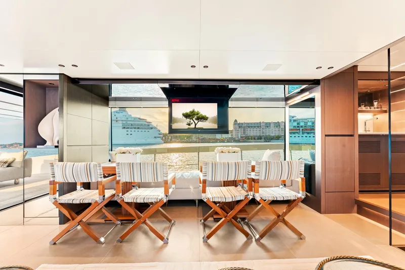 North Yacht Photos Pics Luxurious interior of 2020 Sanlorenzo SX88 yacht with elegant seating and scenic views.