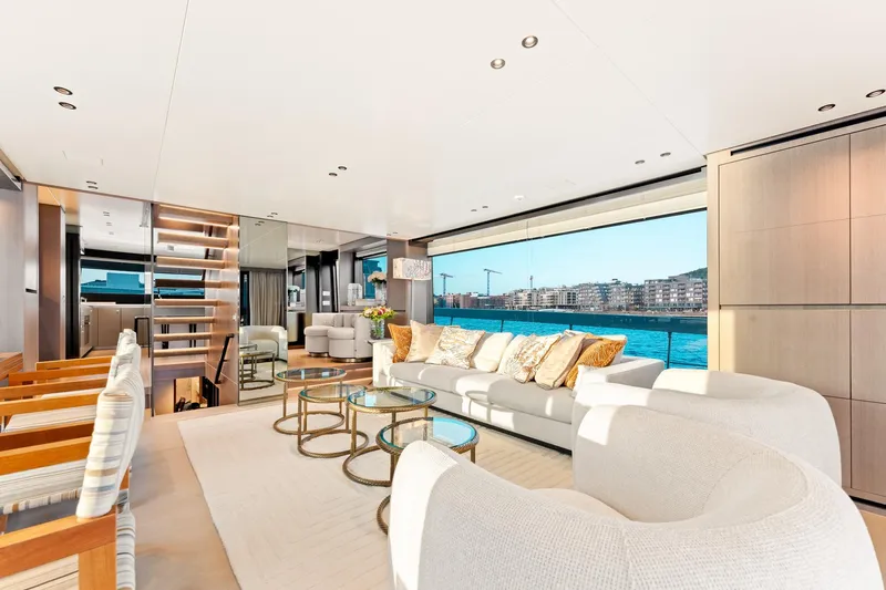 North Yacht Photos Pics Luxurious interior of 2020 Sanlorenzo SX88 yacht with modern furnishings and waterfront view.