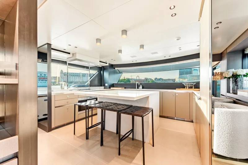 North Yacht Photos Pics Luxurious kitchen interior on 2020 Sanlorenzo SX88 yacht with modern design and panoramic windows.