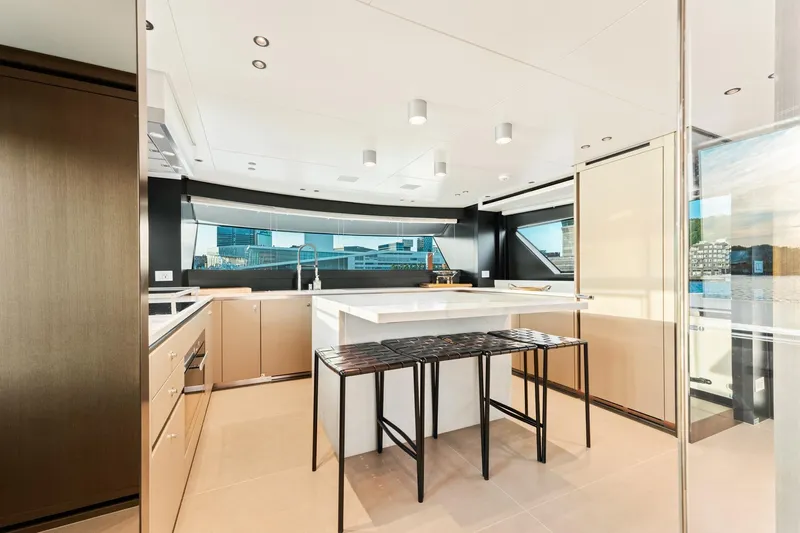 North Yacht Photos Pics Luxurious 2020 Sanlorenzo SX88 yacht kitchen with modern design and panoramic windows.