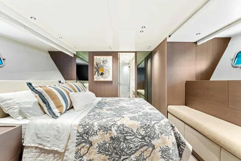 North Yacht Photos Pics Luxurious Sanlorenzo SX88 2020 yacht bedroom with elegant decor and modern design.