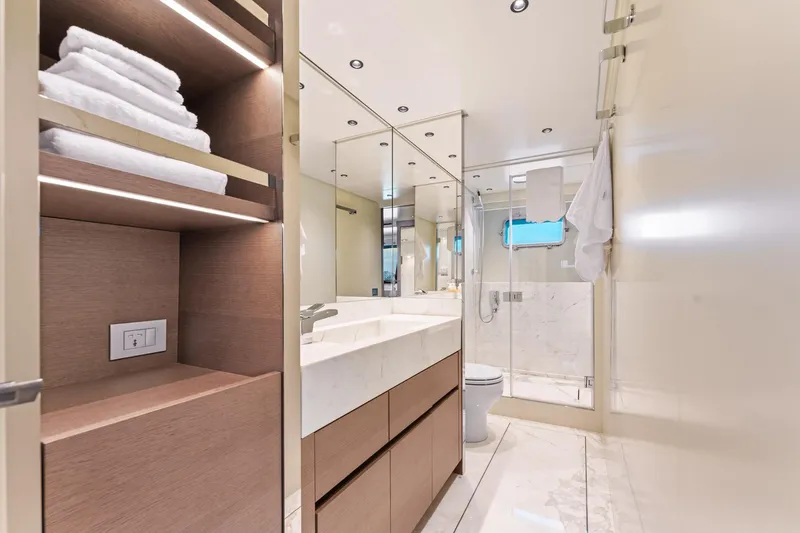 North Yacht Photos Pics Luxurious bathroom on 2020 Sanlorenzo SX88 yacht with modern fixtures and elegant design.