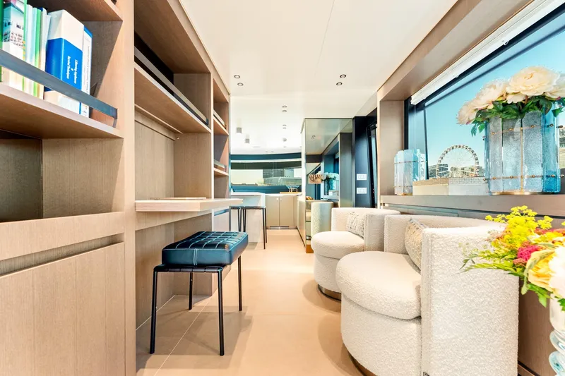 North Yacht Photos Pics Luxurious interior of 2020 Sanlorenzo SX88 yacht with modern furnishings and large windows.