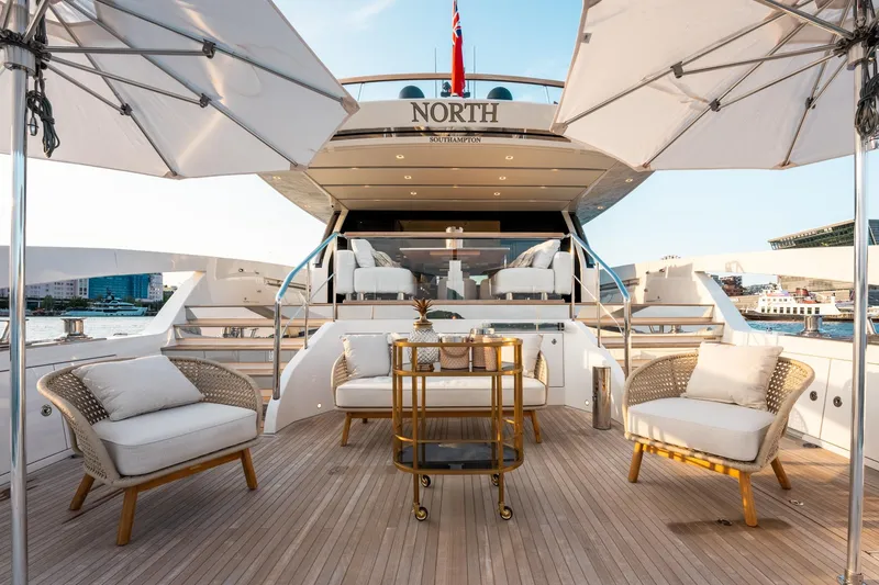 North Yacht Photos Pics Luxurious 2020 Sanlorenzo SX88 yacht deck with elegant seating and umbrellas.