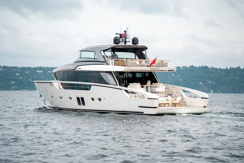 North Yacht Photos Pics Luxury Sanlorenzo SX88 yacht cruising on a serene lake, 2020 model.
