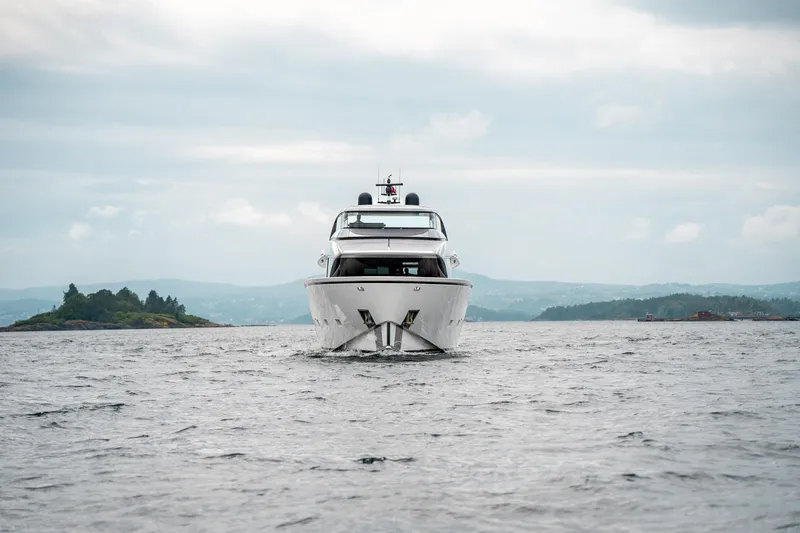 North Yacht Photos Pics Front view of 2020 Sanlorenzo SX88 yacht cruising on open water.