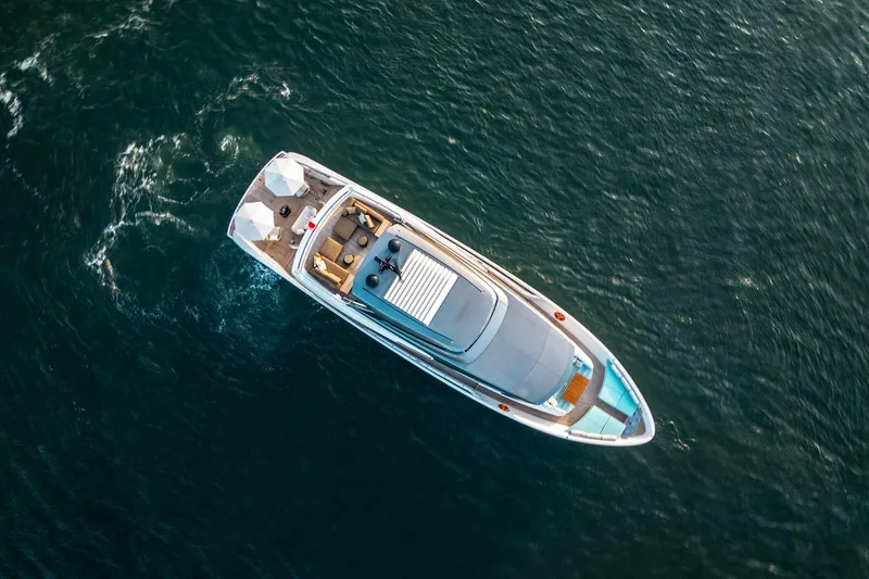 North Yacht Photos Pics Aerial view of 2020 Sanlorenzo SX88 yacht cruising on open water.