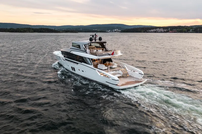 North Yacht Photos Pics Luxury Sanlorenzo SX88 yacht cruising at sunset, 2020 model.
