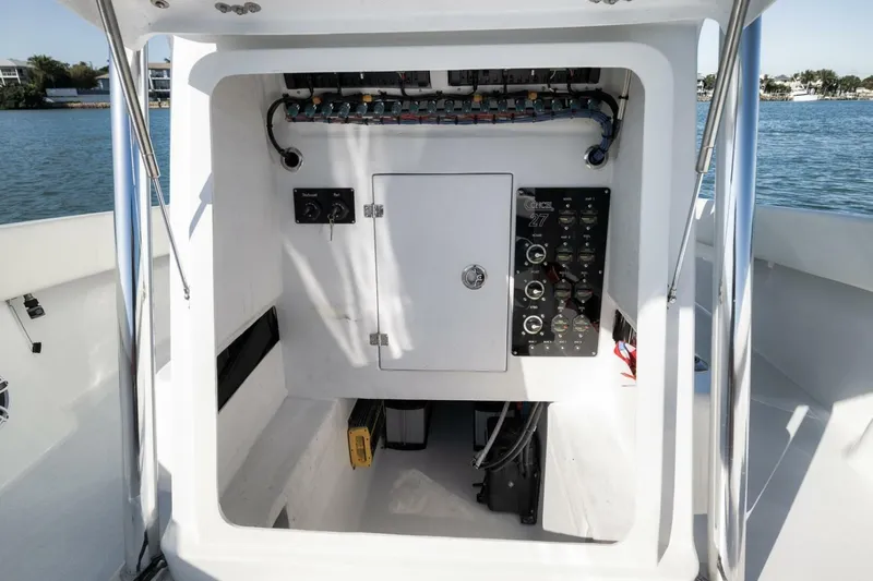  Yacht Photos Pics Control panel of 2025 Conch 27 boat, featuring electrical components and wiring.