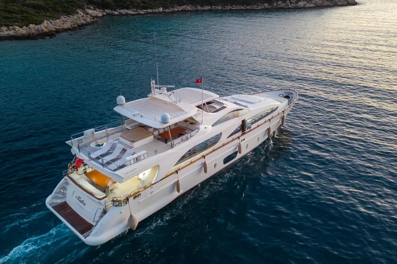 La Rubia Yacht Photos Pics Luxurious 2011 Azimut La Rubia yacht cruising on serene blue waters.