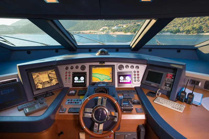 La Rubia Yacht Photos Pics Cockpit of 2011 Azimut La Rubia yacht with advanced navigation systems and scenic view.