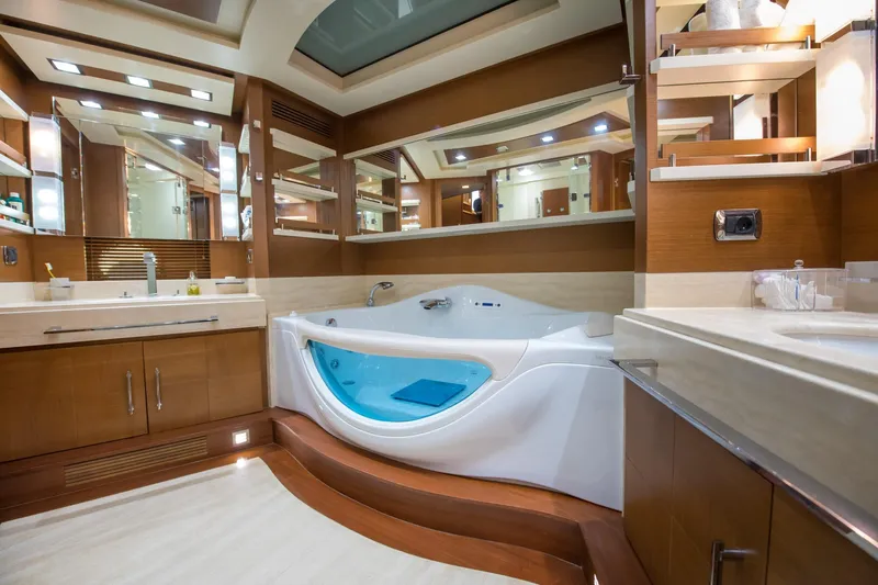 La Rubia Yacht Photos Pics Luxurious bathroom on 2011 Azimut La Rubia yacht with modern fixtures and elegant design.