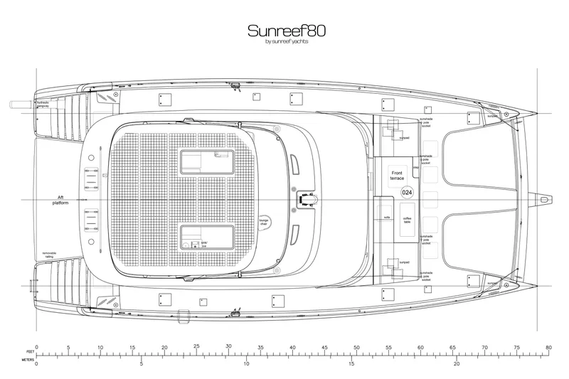  Yacht Photos Pics Top view blueprint of 2026 Sunreef 80 Eco yacht, showcasing deck layout and features.