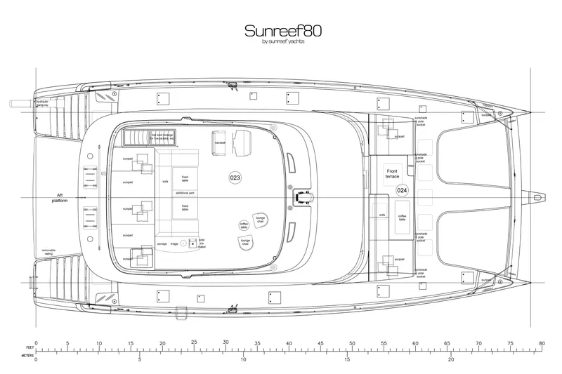 Yacht Photos Pics Floor plan of 2026 Sunreef 80 Eco yacht, showcasing layout and design features.