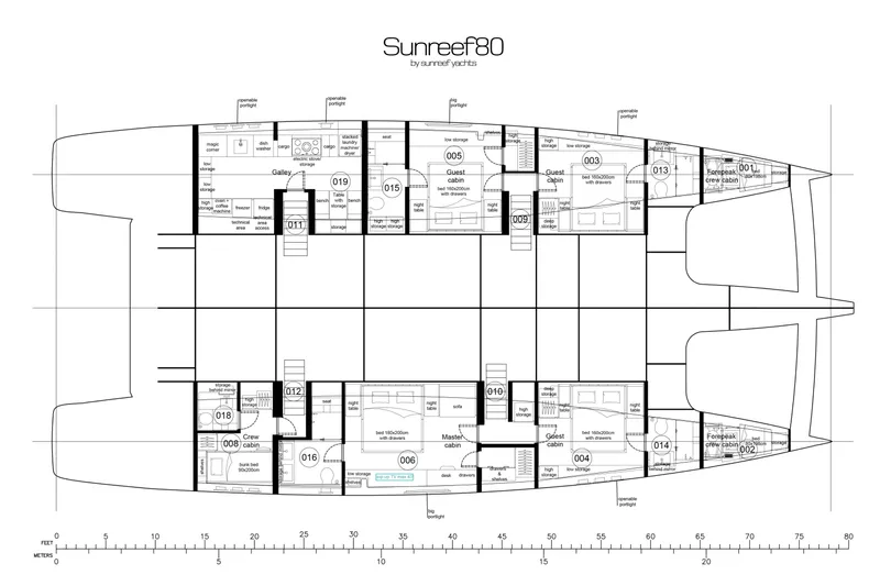  Yacht Photos Pics Floor plan of 2026 Sunreef 80 Eco luxury yacht, showcasing cabin and galley layout.