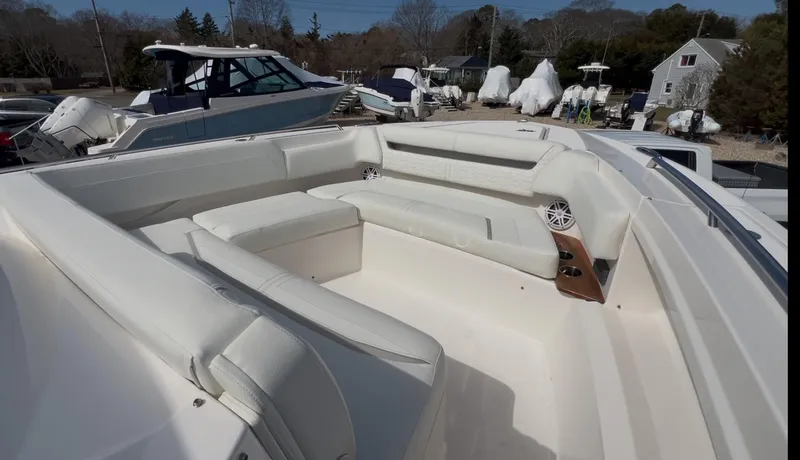  Yacht Photos Pics 2023 Tiara Yachts 38 LS boat with spacious white seating area.