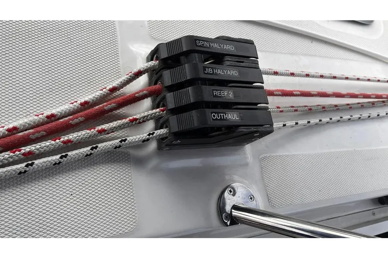  Yacht Photos Pics Rope clutches on a 1999 Hunter 410 sailboat, labeled for various sail controls.