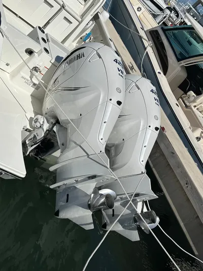  Yacht Photos Pics Twin Yamaha outboard engines on a 2023 Pursuit S 358 Sport boat.