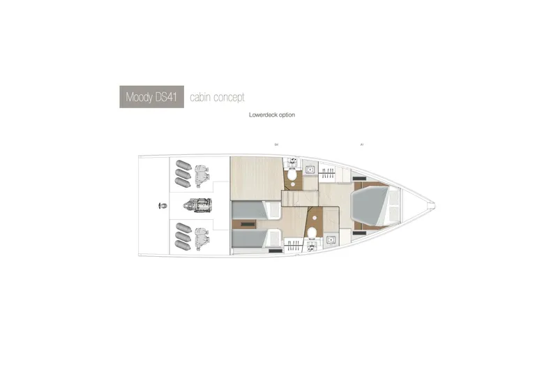 In Stock - W / Warranty Yacht Photos Pics Floor plan of 2024 Moody 41ds yacht cabin concept, showcasing lower deck layout.