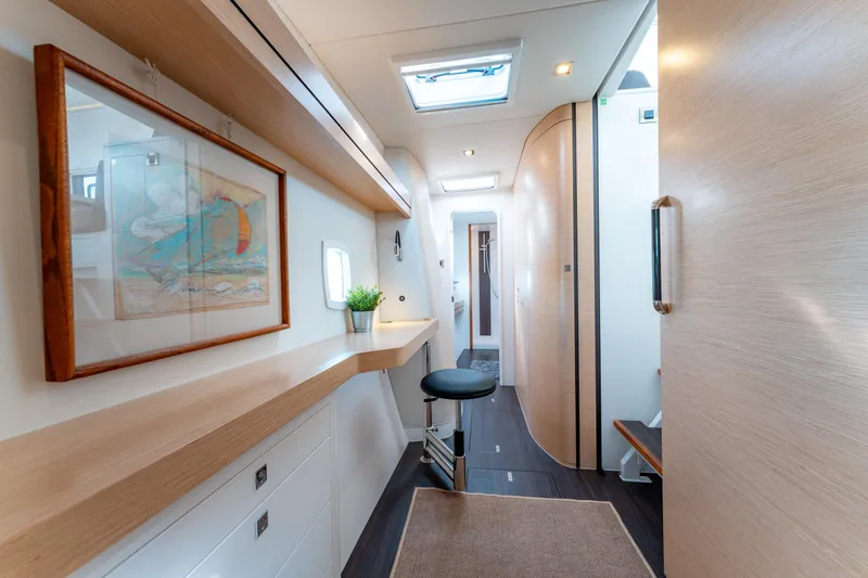 Wikiwiki Yacht Photos Pics Interior of 2018 Outremer 5X yacht, featuring modern design and natural lighting.