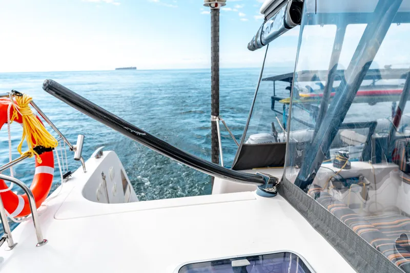 Wikiwiki Yacht Photos Pics 2018 Outremer 5X catamaran deck with ocean view and safety equipment.