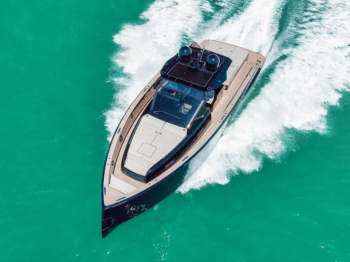 Ciao Yacht Photos Pics 2023 Pardo Yachts 50 cruising on turquoise water, aerial view.