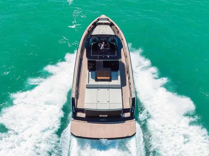 Ciao Yacht Photos Pics 2023 Pardo Yachts 50 cruising on turquoise waters, aerial view.