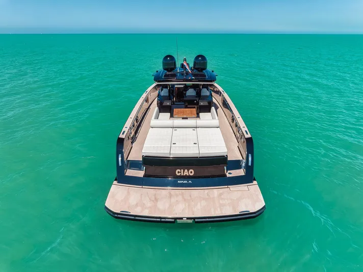 Ciao Yacht Photos Pics 2023 Pardo Yachts 50 Pardo on turquoise water, rear view.