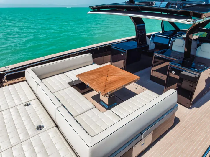 Ciao Yacht Photos Pics 2023 Pardo Yachts 50 Pardo luxury yacht interior with elegant seating and wooden table.