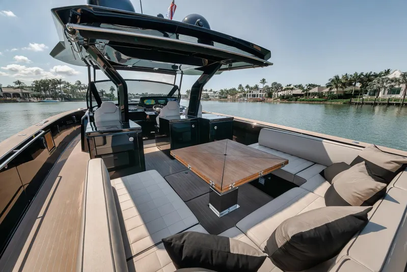 Ciao Yacht Photos Pics Luxurious 2023 Pardo Yachts 50 Pardo with elegant seating and scenic waterfront view.