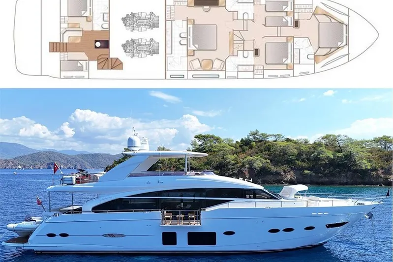  Yacht Photos Pics 2016 Princess 88 Motor Yacht with detailed floor plan, cruising on a scenic blue sea.