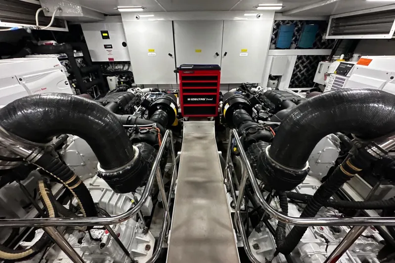  Yacht Photos Pics Engine room of 2016 Princess 88 Motor Yacht with dual engines and tool chest.