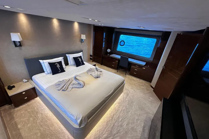  Yacht Photos Pics Luxurious bedroom interior of 2016 Princess 88 Motor Yacht with ocean view.