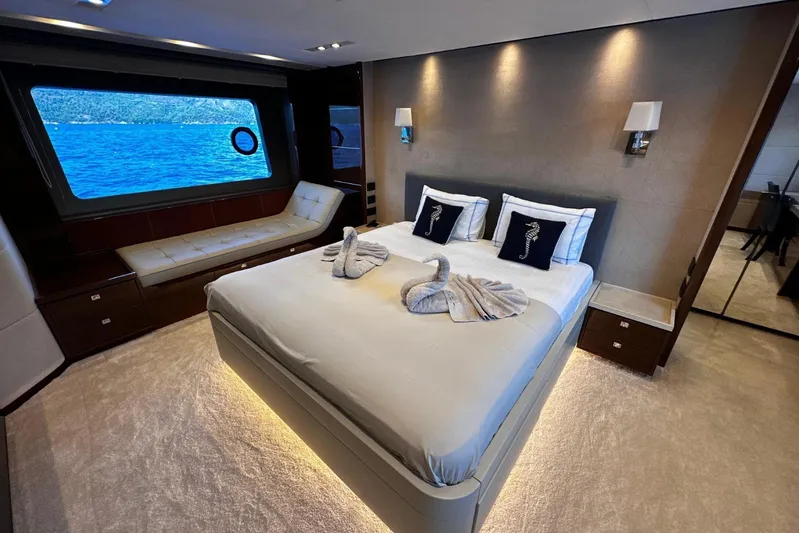  Yacht Photos Pics Luxurious bedroom on 2016 Princess 88 Motor Yacht with ocean view and elegant decor.