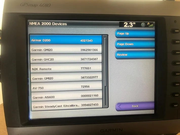  Yacht Photos Pics Garmin GPS display showing NMEA 2000 devices list, Princess 388 model, year 1991.