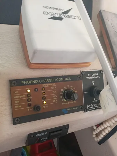  Yacht Photos Pics Control panel with Phoenix charger and anchor windlass, Princess 388, 1991.