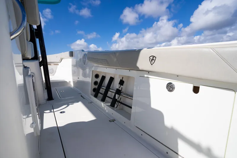  Yacht Photos Pics 2019 Century 3200 Center Console boat deck under a bright blue sky.
