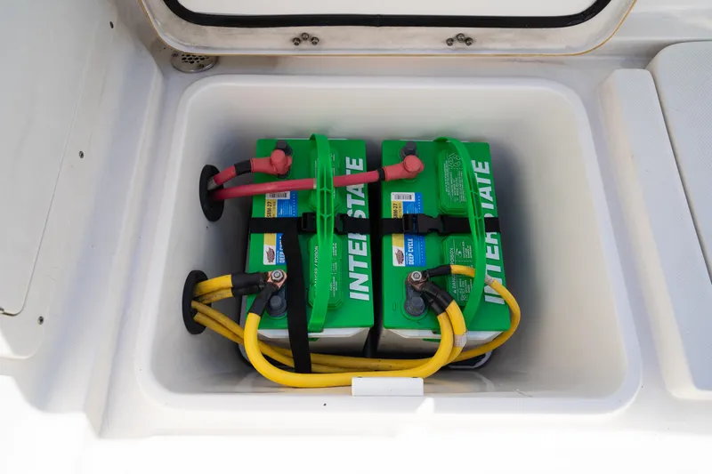  Yacht Photos Pics Two Interstate batteries in a 2019 Century 3200 Center Console boat compartment.