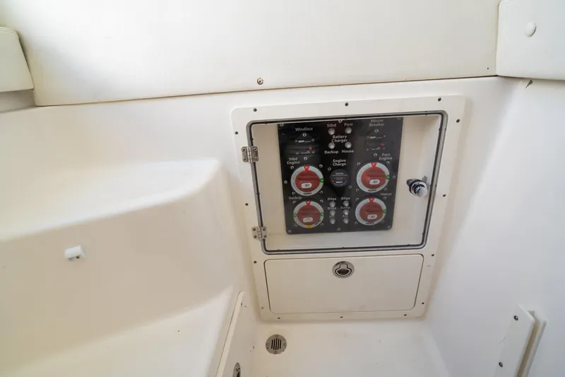  Yacht Photos Pics 2019 Century 3200 Center Console control panel with switches and dials.
