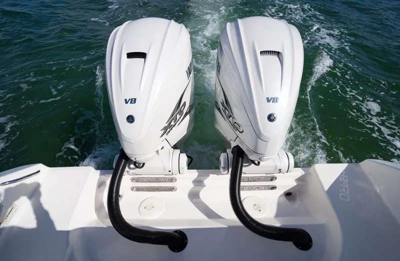  Yacht Photos Pics Twin V8 outboard engines on a 2019 Century 3200 Center Console boat.